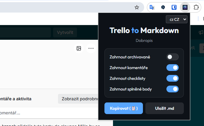 Rozšíření Trello to Markdown
